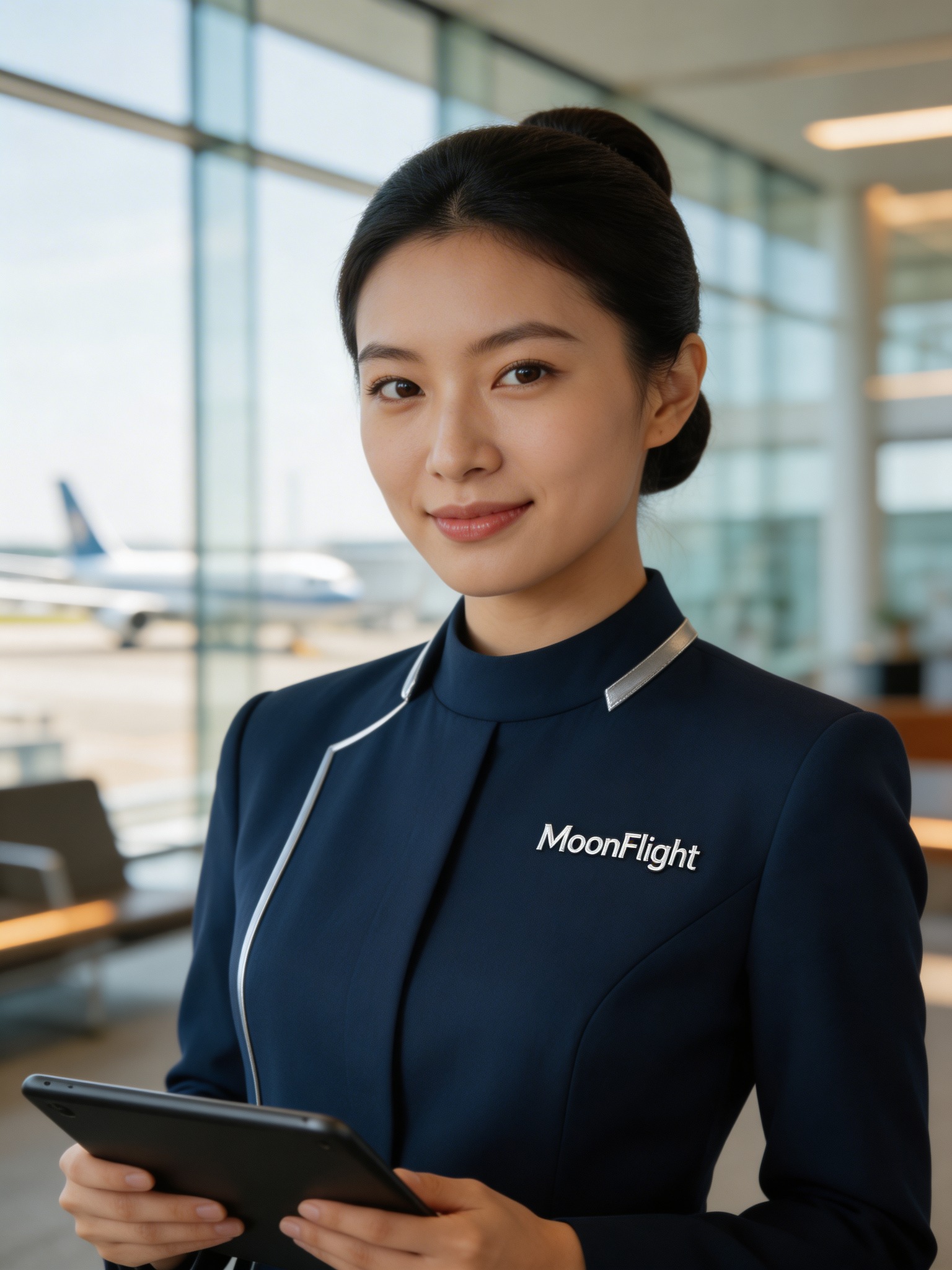 MoonFlight staff member with tablet at the terminal